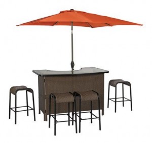 Living Accents "Corona" 6 Piece Wicker Bar Set - 1 Outdoor_Patio Bar Table, 4 Bar Stools & Umbrella